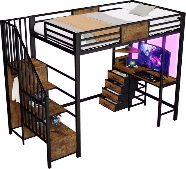 Letto a soppalco singolo con scrivania, appendiabiti, illuminazione LED e porta USB, in metallo e MDF nero, L/P/H: 200 x 90 x 175 cm – 1