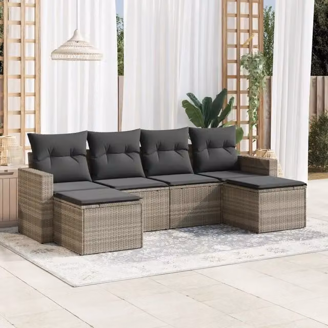 Set Divano da Giardino 6pz con Cuscini-Sofa da Giardino-Divanetto da esterno Grigio Chiaro Polyrattan 113744