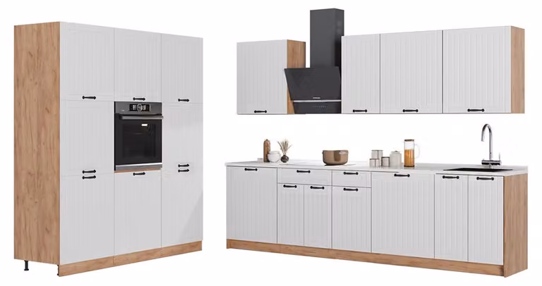 Cucina componibile Vicco Fame-Line Bianco rustico/Rovere dorato 460 cm, PL Marmo, Model 63811
