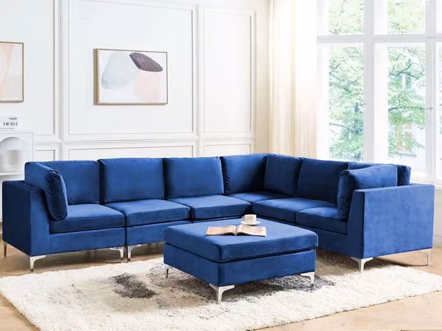 Divano ad angolo componibile versione sinistra a 6 posti in velluto blu marino con gambe in metallo argentato a forma di L ottomana Stile glamour