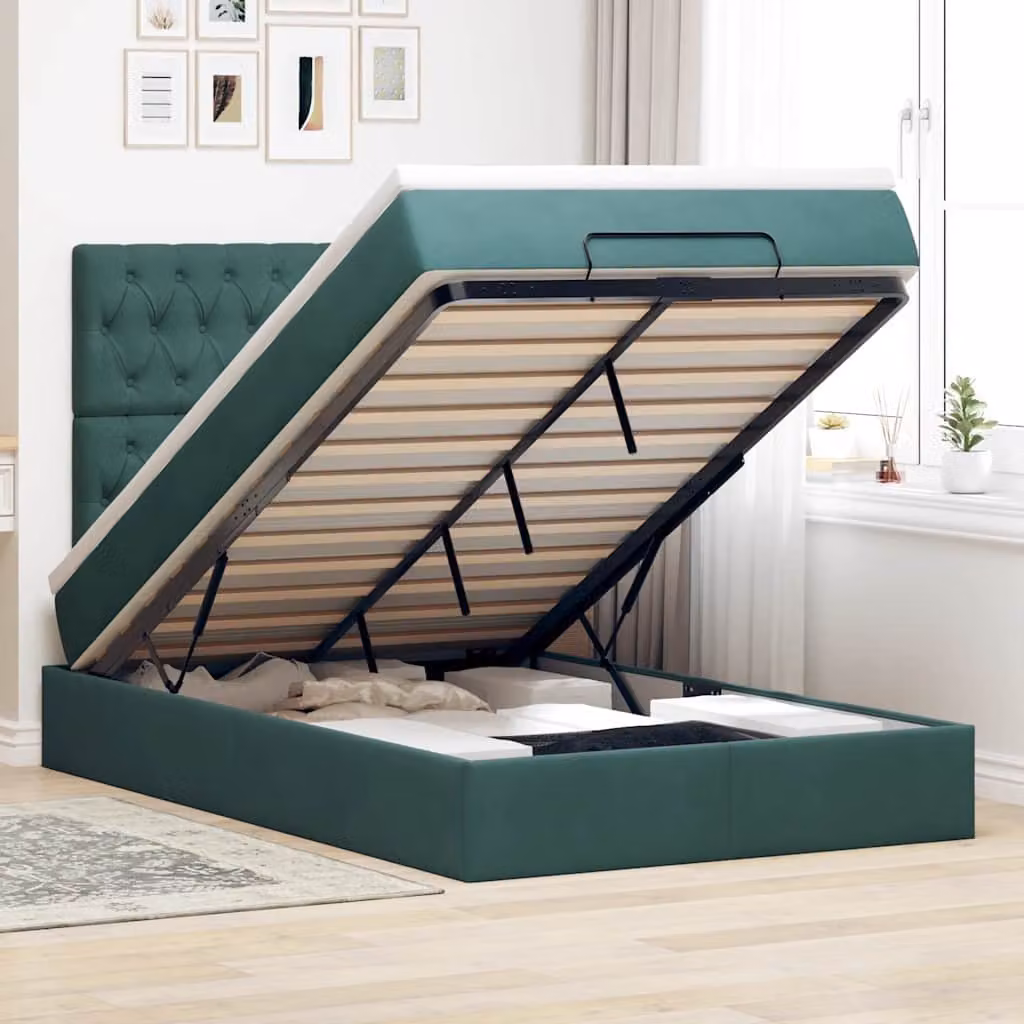 Letto con contenitore a sollevamento vidaXL in velluto verde e bianco con materasso L: 120 cm, P: 200 cm