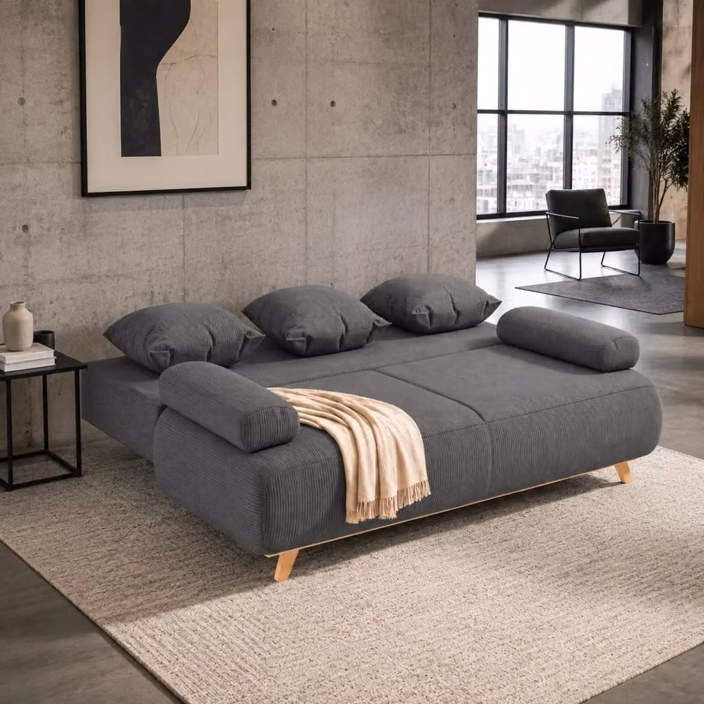 Divano letto Mivray a 3 posti in velluto grigio con vano contenitore e struttura in legno massello – 2