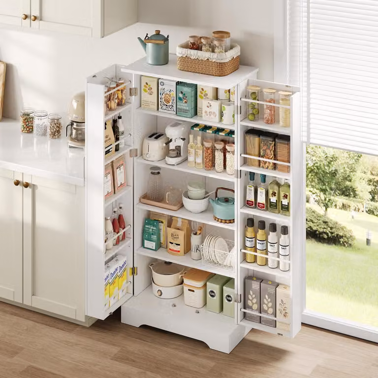 Armadio da cucina multifunzionale, bianco, 60x35x128 cm, con luce a LED attivata da sensore, ripiani interni regolabili in altezza e doppia porta