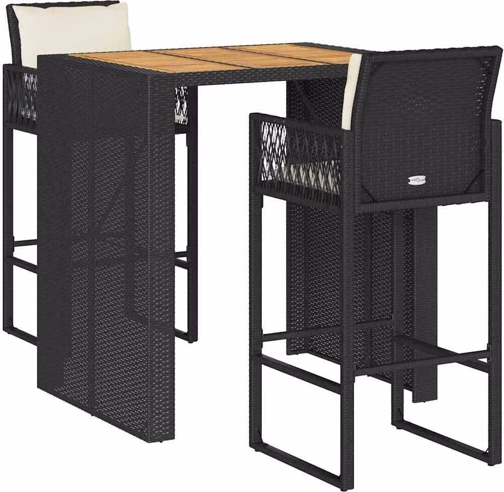 Set Bar da Giardino 3 pz con Cuscini Nero in Polyrattan Acacia