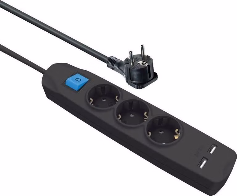 Presa multipla tripla con 2 porte USB, interruttore, spina piatta