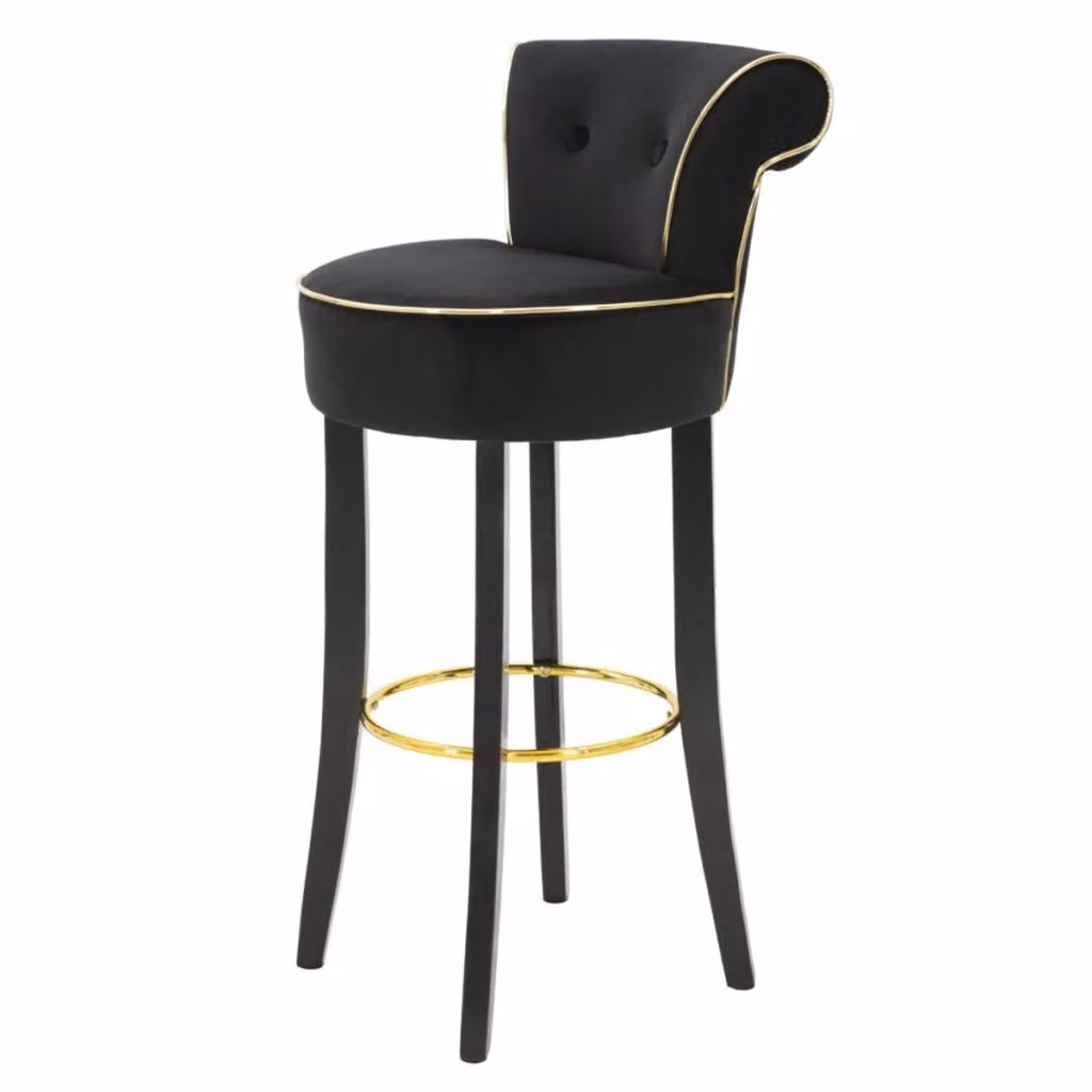 Sgabello da bar Luxy Vikasa Home in velluto nero con dettagli dorati e struttura in legno e metallo – 2