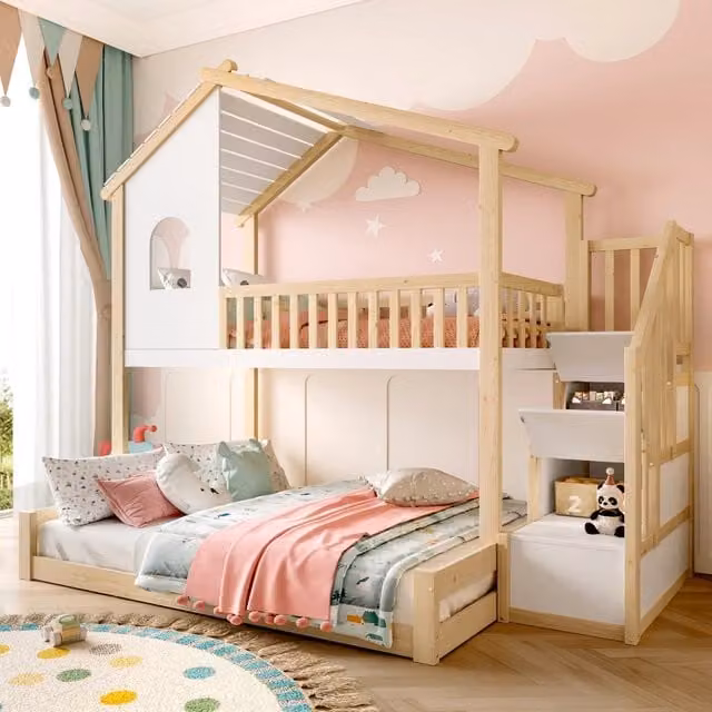 Letto a Castello 90x200 e 140x200 ¨C MINIMAL ¨C Legno Naturale e Bianco con Finestre e Contenitore