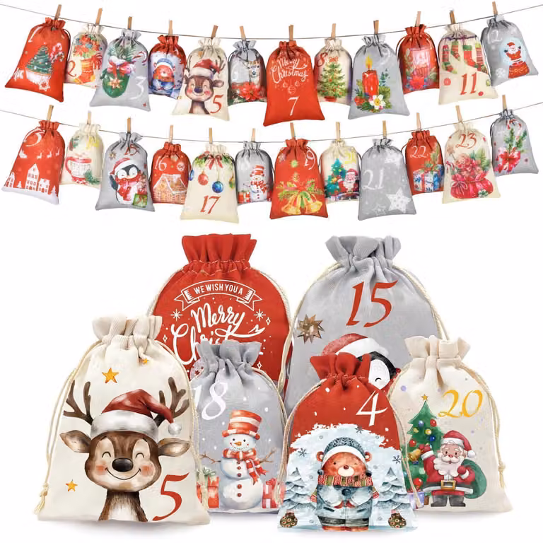 Calendario dell'Avvento da riempire per bambini, disponibile in due dimensioni: 18x13 cm e 15x11 cm, realizzato in iuta, con 24 sacchetti e illustrazioni a tema natalizio