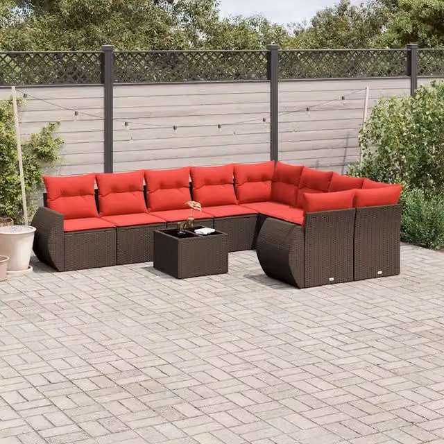 Set Divani da Giardino 10 pz con Cuscini Marrone in Polyrattan 3221853
