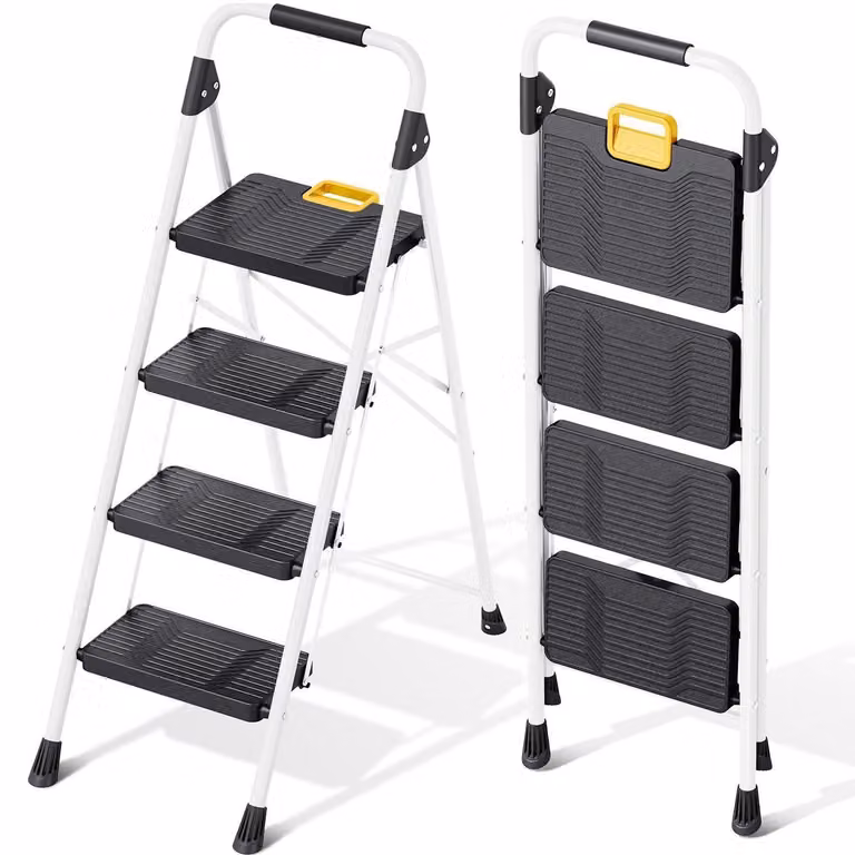 Scala a 4 gradini pieghevole, con sistema di sicurezza, colore bianco, capacità portante 150 kg