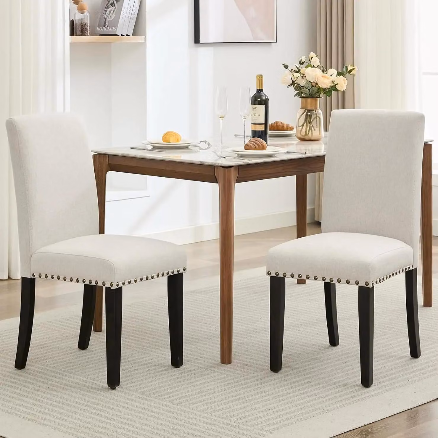 Set di due sedie - Sedia ergonomica per sala da pranzo/cucina - Schienale alto - Seduta imbottita - Struttura in legno - Bianco