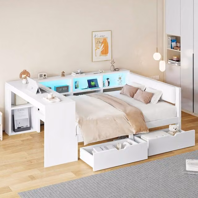 Letto per adulti 140 × 200 cm con testiera imbottita, ripiani, 2 cassetti, prese USB e LED, senza materasso, bianco