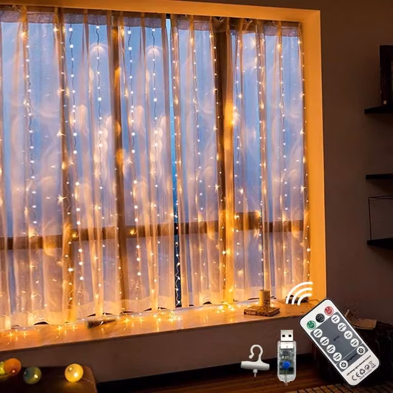 Tenda luminosa a LED, dimensioni 2,4 x 1,8 m, 144 LED bianco caldo, alimentazione USB, telecomando, grado di protezione IP65