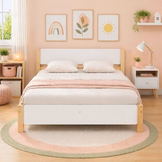 Letto matrimoniale 140 × 200 cm con rete a doghe in legno bianco e naturale con testiera e piedi centrali