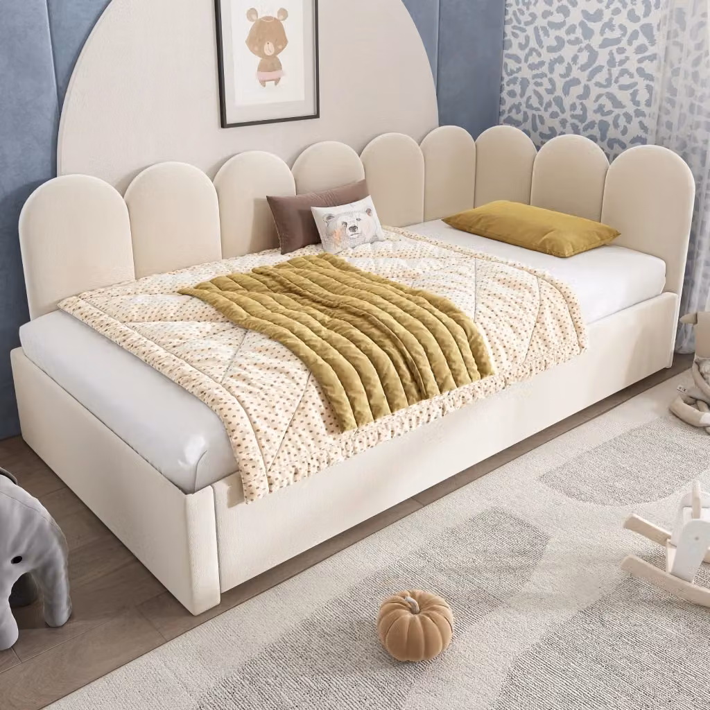 Letto singolo estraibile Chicfurn in velluto beige con rete e ruote L/P/H: 90 x 200 x 32 cm – 2