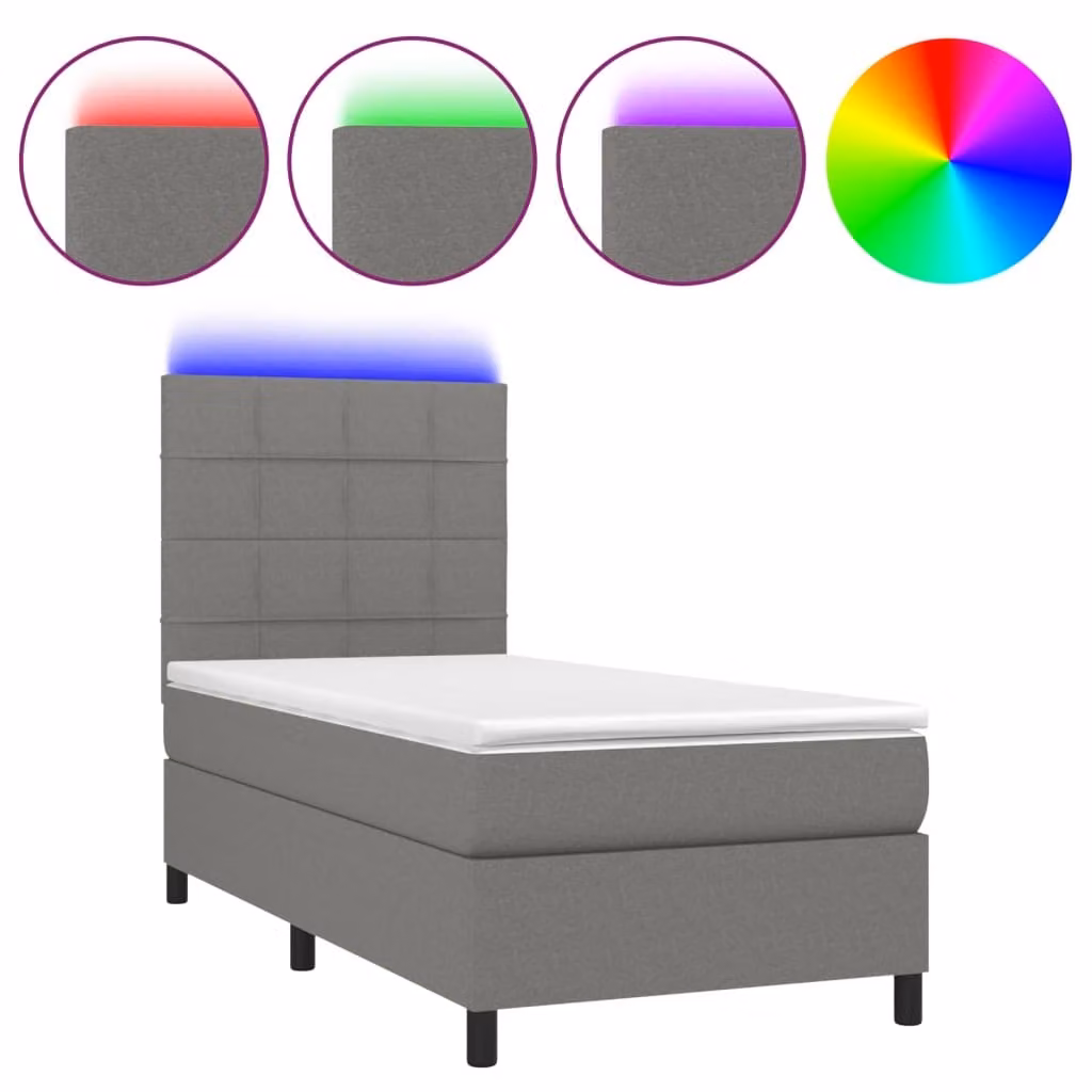 Letto a Molle Materasso e LED Grigio Scuro 90x200 cm in Tessuto