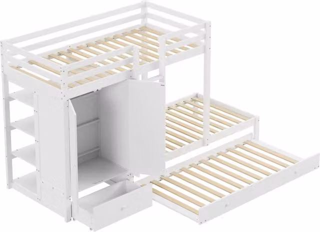 Letto a castello 90x200 cm con letto estraibile; armadio e cassetti; bianco