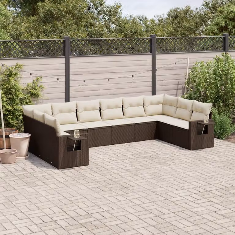vidaXL Set Divani da Giardino 10 Pezzi in Polyrattan Marrone con Cuscini e Tavolino da Esterno