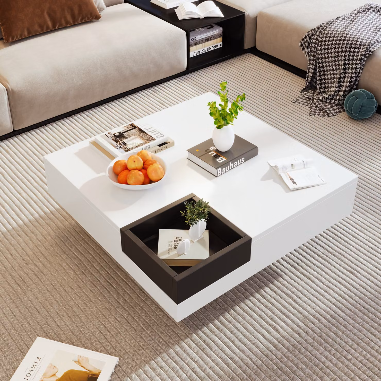 Abrihome tavolino lucido 72x72x30cm, tavolino da salotto con illuminazione LED, bianco