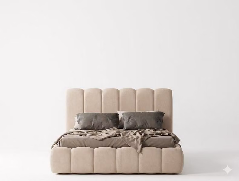 Letto matrimoniale, imbottito, comodo, grande, color beige, stile moderno, nuovo
