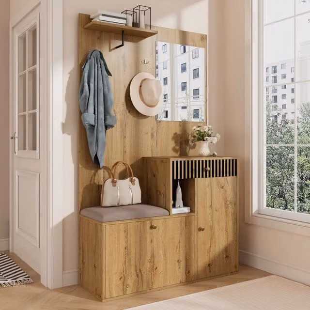Set di mobili da ingresso con specchio seduta imbottita ripiani regolabili MDF nero e naturale 110 × 37 × 185;5 cm
