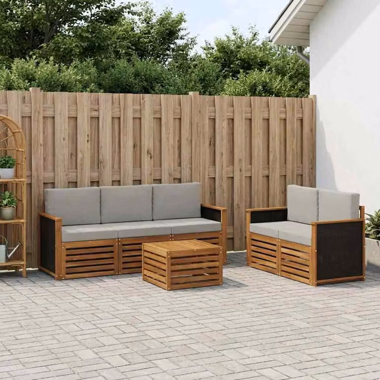 Set di divani da esterno vidaXL a forma di L composto da 6 pezzi in legno di acacia con cuscini beige e grigi per giardino e terrazzo