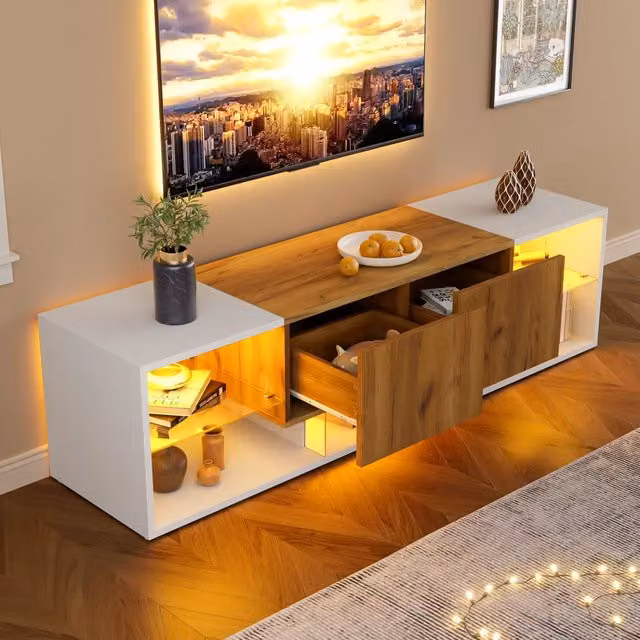 Mobile TV con LED; ripiano in vetro e 2 cassetti in truciolare bianco e rovere naturale 160 × 40 × 42 cm