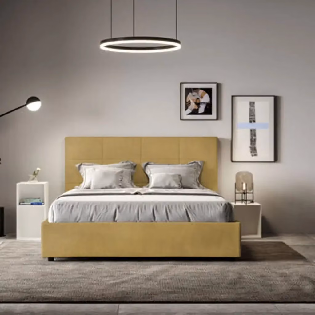 Letto matrimoniale contenitore Ityhome Mika imbottito in microfibra gialla L/P: 160 x 200 cm – 2