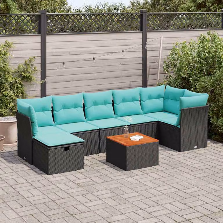 Set Divani da Giardino vidaXL 8 pz in Polyrattan Nero con Cuscini e Tavolino da Esterno