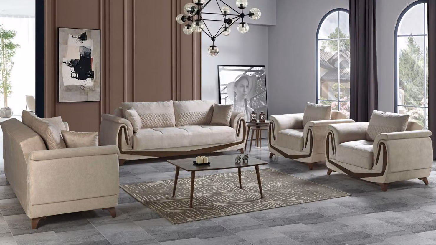 Sofagarnitur 3+2+1+1 Holz Wohnzimmer Luxus Sofa Modern Stoff Komplett
