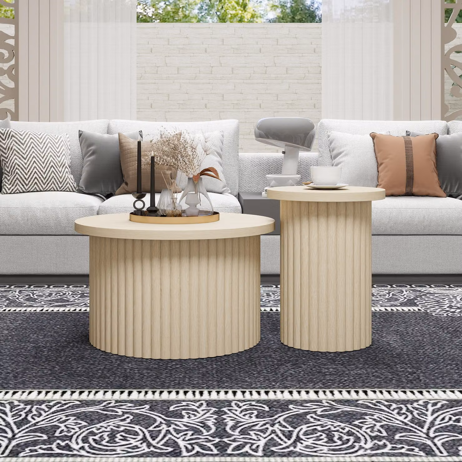 Set di tavolini rotondi Sweiko in confezione da 2 con aspetto in legno naturale e struttura a forma di onda - tavolino integrato, ideale per il soggiorno, la camera da letto, lo studio o l'ufficio