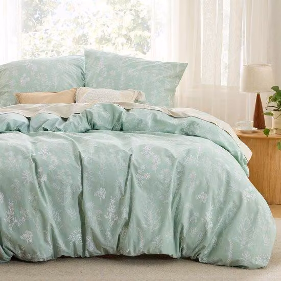 Set di lenzuola Ibbenzoa® composto da 3 pezzi, 100% cotone – lenzuolo da 200x200 cm + 2 federe da 80x80 cm, reversibile con motivi floreali e vegetali, chiusura a zip, angoli con laccetti