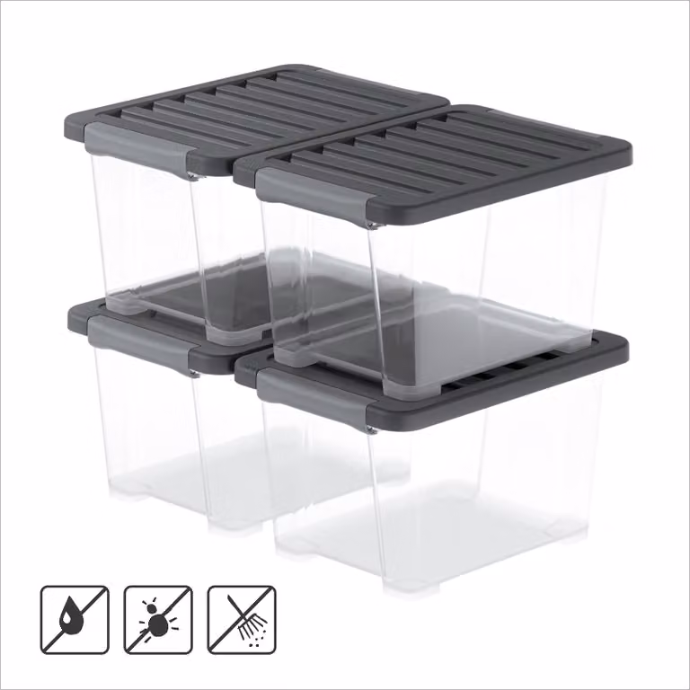 Rotho CORE PRO Set di 4 contenitori da 15 l – 39,3 × 28,3 × 23 cm – Contenitori in plastica con coperchio sigillato contro polvere e umidità, maniglie chiudibili