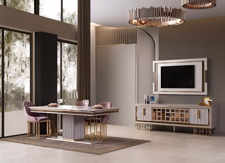 Set per sala da pranzo: tavolo da pranzo, 4 sedie, mobile TV, colore grigio, stile moderno ed elegante