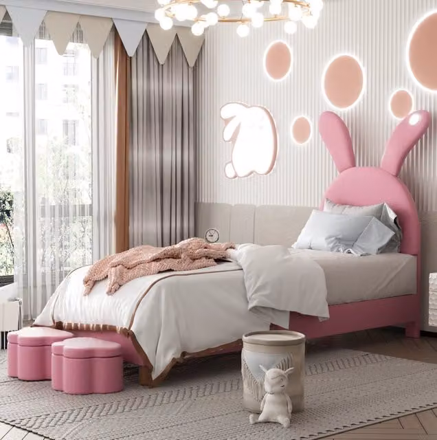 Letto imbottito ULEVR 90x200 cm rosa con 2 panche contenitore, LED e orecchie da coniglio pieghevoli