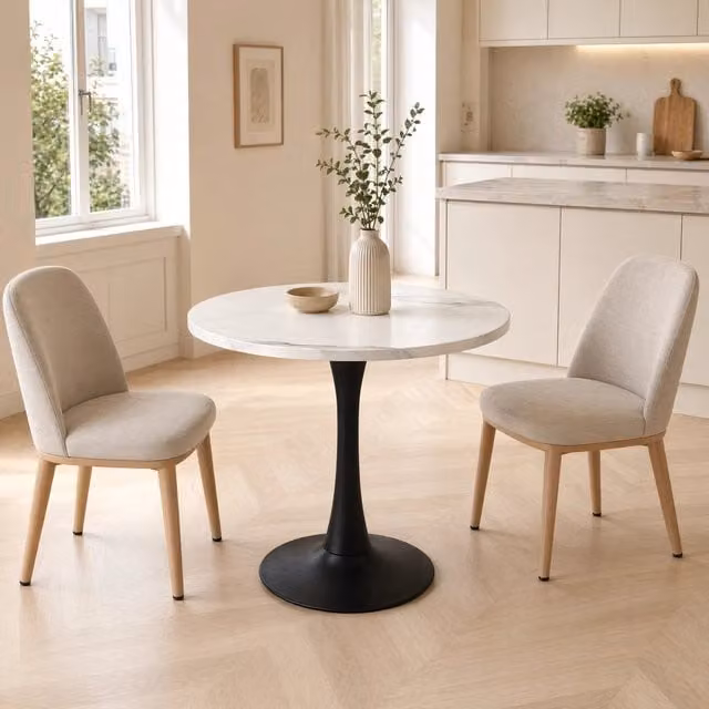Tavolo da pranzo rotondo MIVRAY in MDF effetto marmo bianco con piedistallo in metallo nero, Diametro: 80 cm