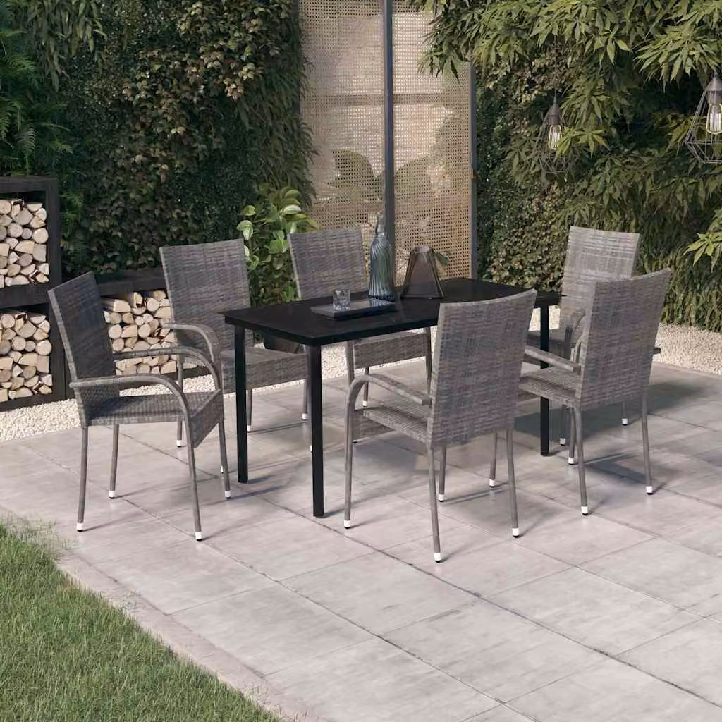 Set da pranzo da giardino vidaXL in polyrattan con tavolo in vetro e 7 pezzi, Grigio e Nero