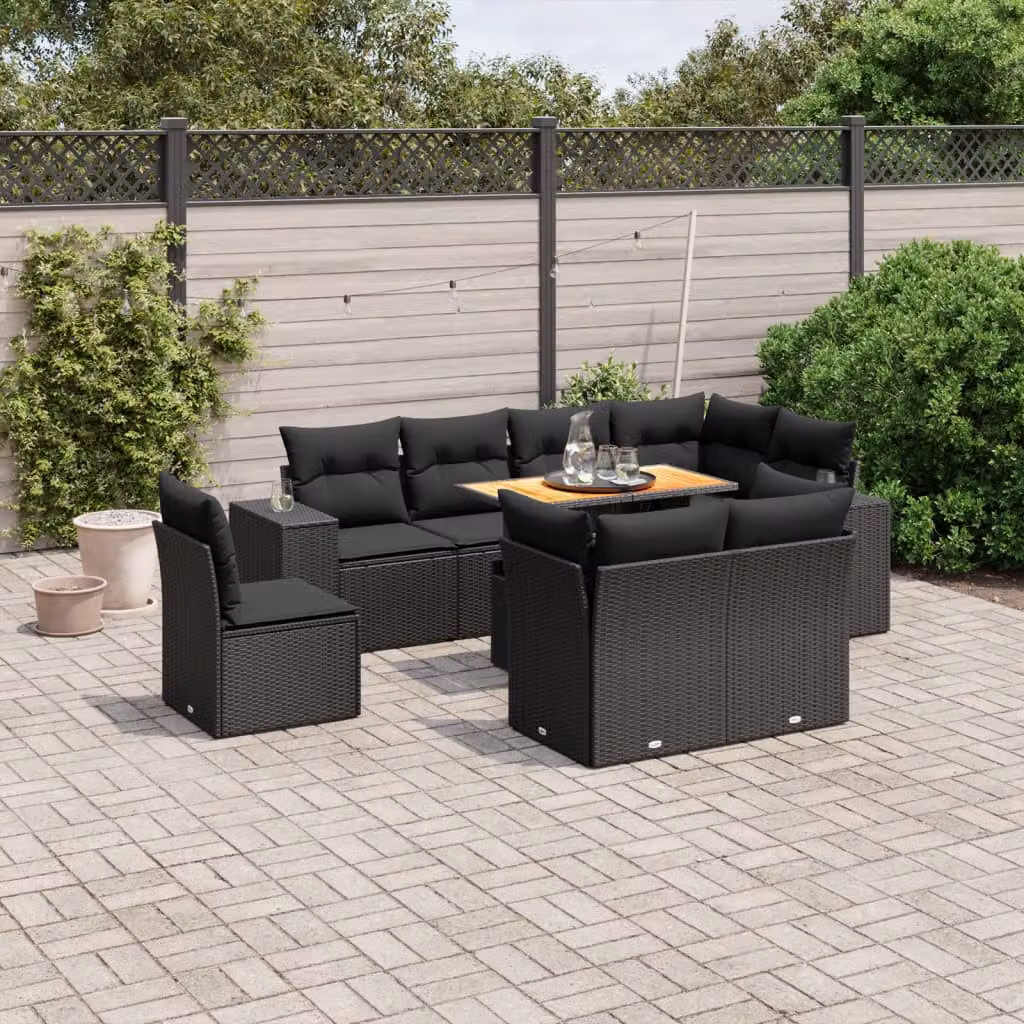 vidaXL Set Divani da Giardino 9 pz a Forma a L con Cuscini e Tavolino Nero in Polyrattan e Legno di Acacia – 1