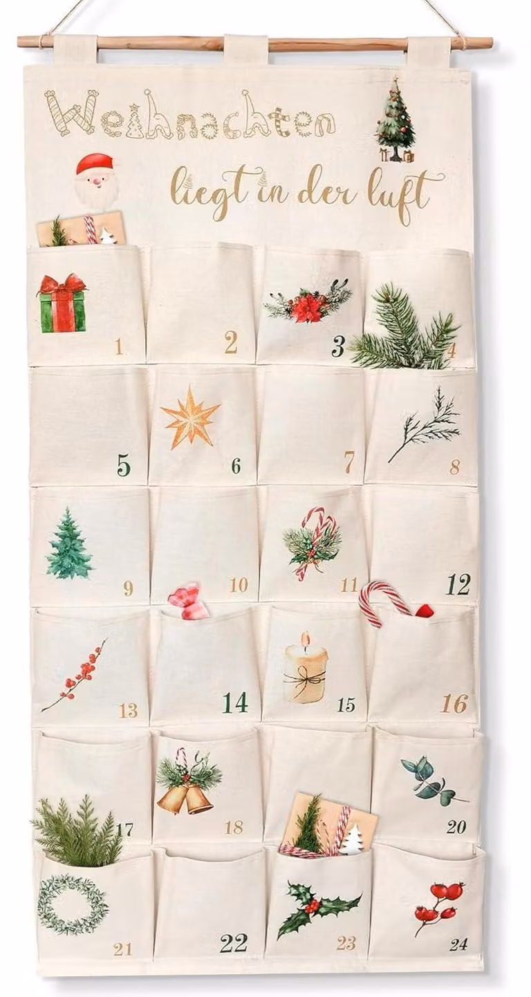 Calendario dell'Avvento in tessuto, da riempire, con 24 scomparti, dimensioni 50x100 cm, colore beige