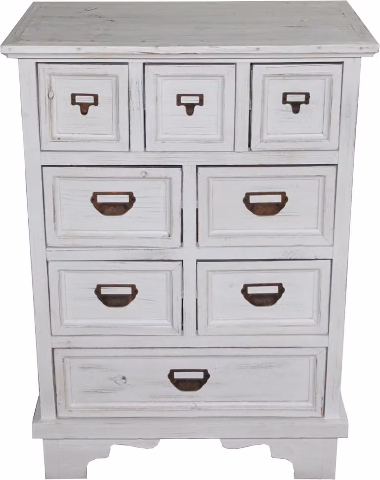 Comodino in stile shabby chic, design rustico, con 8 cassetti, colore bianco antico, dimensioni: larghezza 64 cm, altezza 90 cm