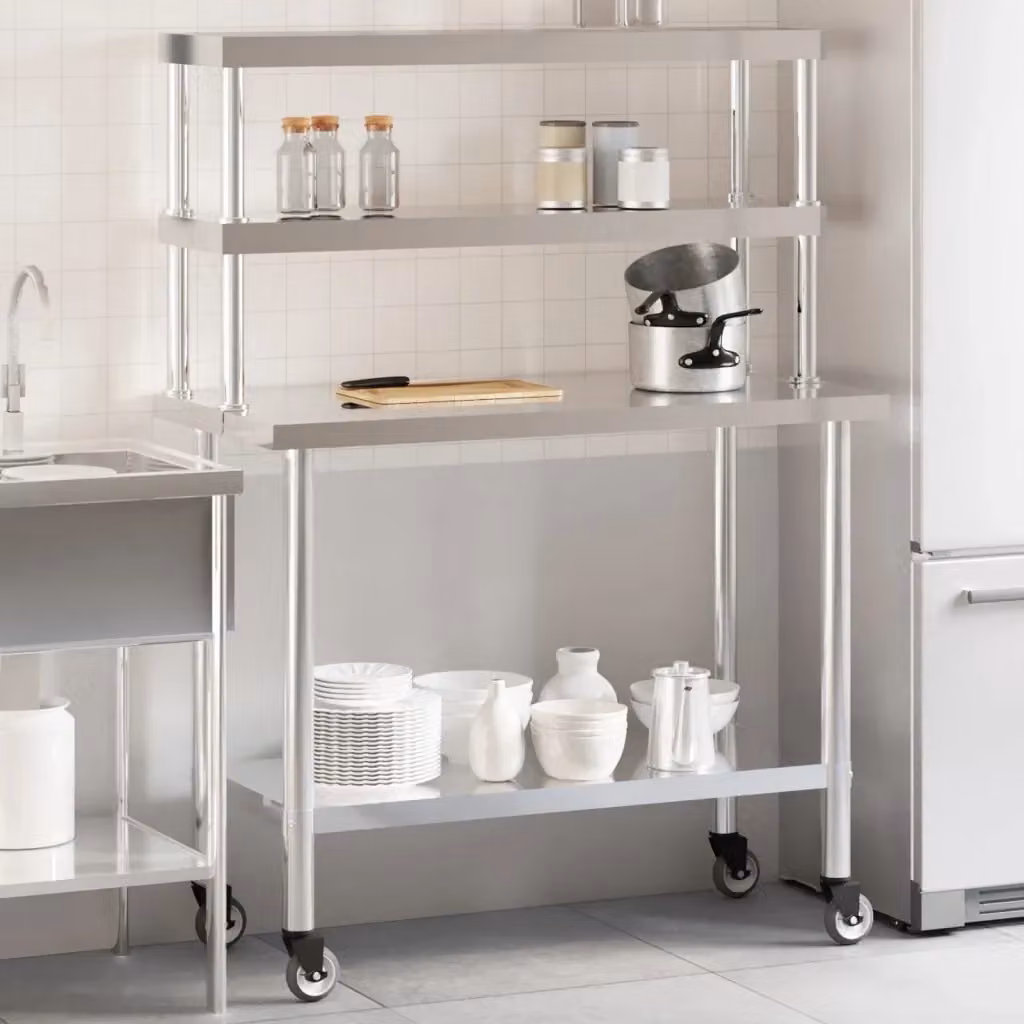 Tavolo da lavoro per cucina in acciaio inox color argento L/P/H: 110 x 55 x 150 cm – 2
