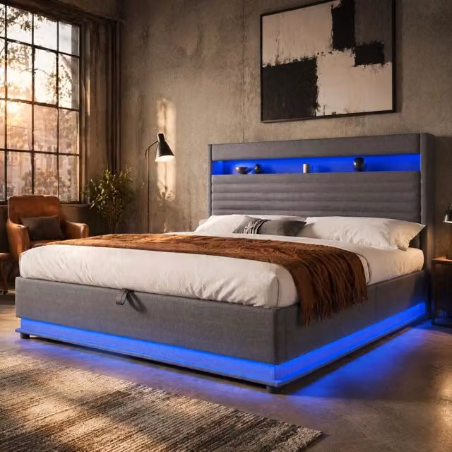 Letto contenitore imbottito 180x200 cm con USB-C; LED; lino grigio