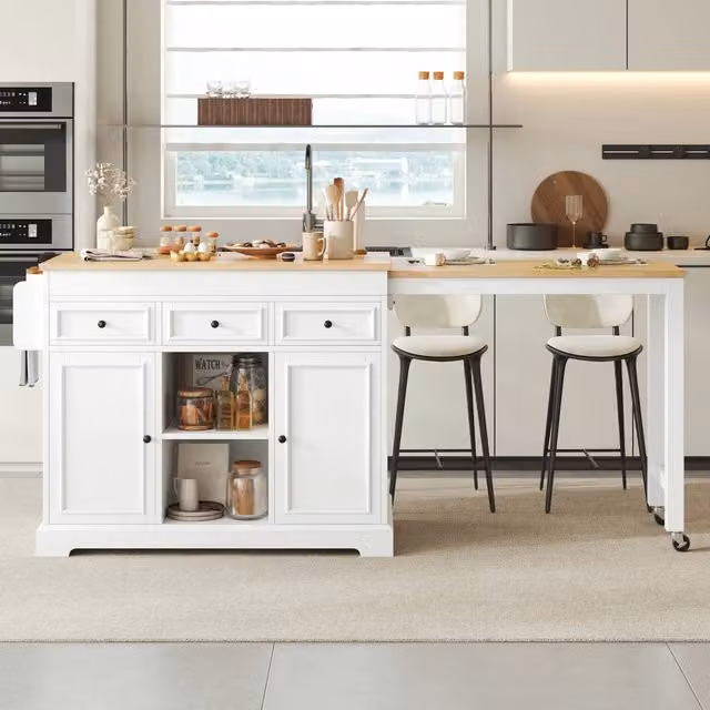 Carrello da cucina con 3 cassetti, ripiani regolabili e piano estraibile, bianco naturale, 112-188 × 45 × 92 cm