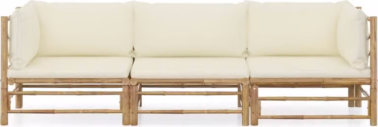Set Divani da Giardino 3 pz con Cuscini Bianco Crema in Bambù