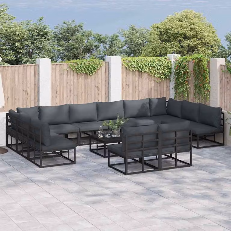 vidaXL Set Divano da Giardino a L con Tavolino in Alluminio Antracite e Cuscini Neri, 12 Pezzi