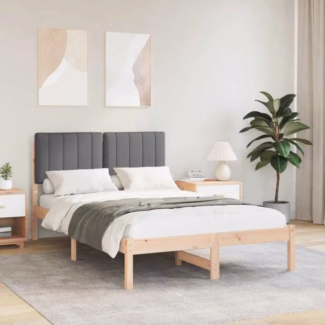 Letto moderno vidaXL in legno di pino con testiera rivestita in tessuto, colori naturale e grigio scuro, L/P/H: 120 x 200 x 84,5 cm – 1