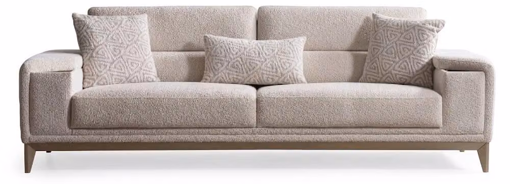 Divano beige, 3 posti, rivestito in tessuto, struttura in legno, design moderno e contemporaneo, tinta unita, imbottitura confortevole