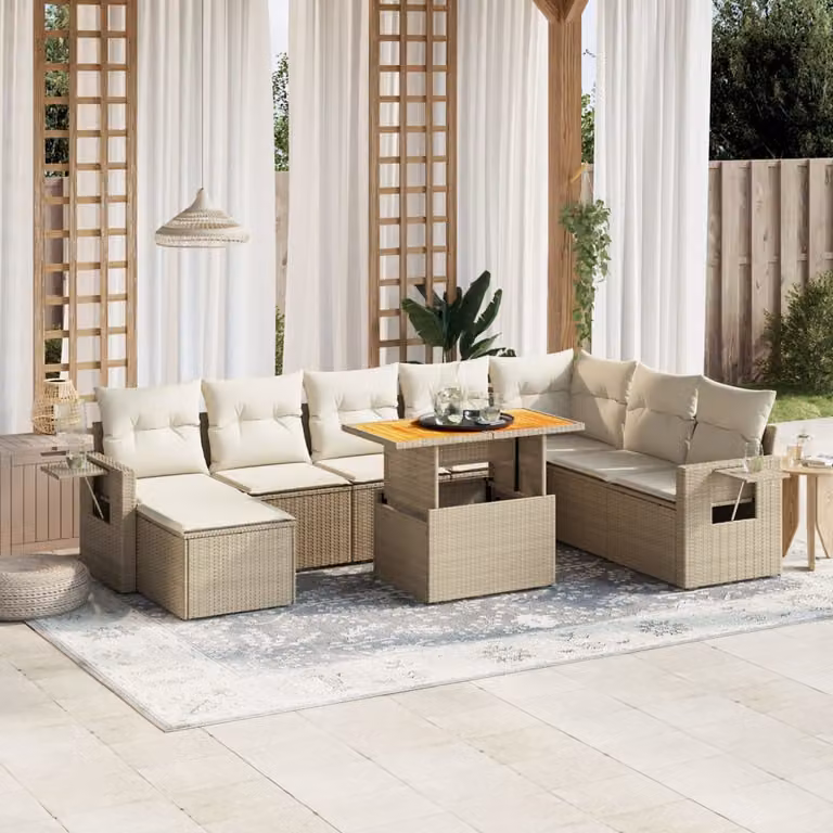 vidaXL Set Divano da Giardino 9 pz in Polyrattan Beige con Cuscini e Tavolino