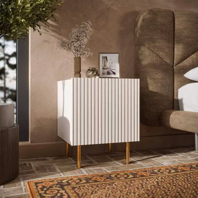 Set di 2 comodini Farini DMORA, comò basso con anta battente e vano interno, finitura effetto cannettato beige opaco, L: 45 cm, P: 40 cm, H: 51 cm – 1