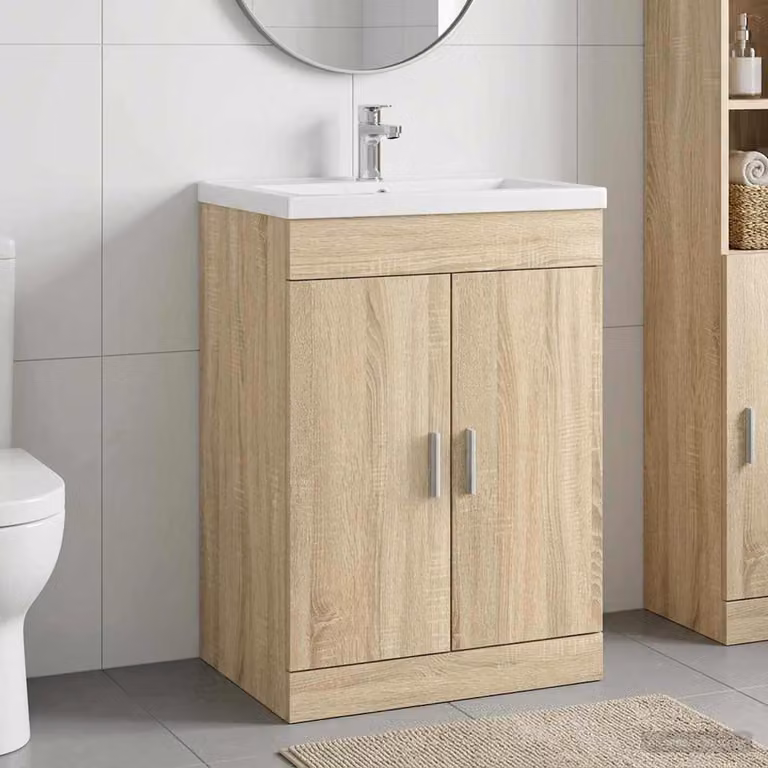 Mobiletto da bagno sottolavabo vidaXL in legno Rovere con ante a battente, L: 56 cm, P: 37,5 cm, H: 81 cm